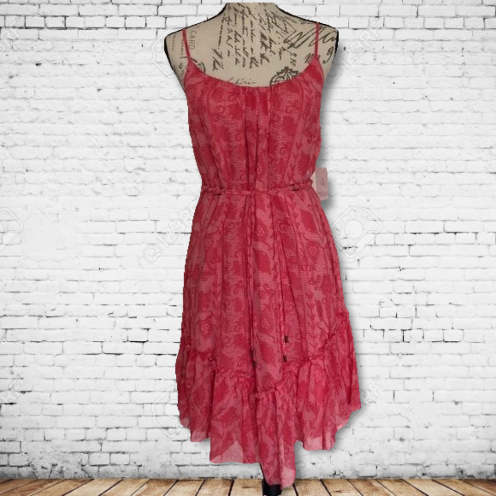 Rachel Roy Maraschino Pink Rose Flowy Spaghetti Strap Mini Ruffle Dress NWT
